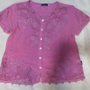 DEAR WOMEN'S TOP TUNIC BOHO GYPSY STUDDED PINK  MED LACE